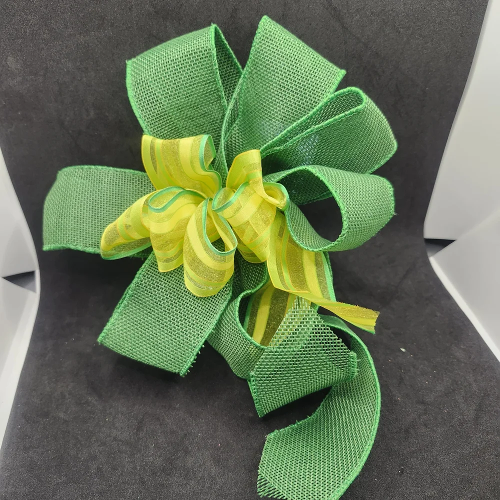 Hand Crafted Green and Yellow Decorative Bow Hair Barrette Clip